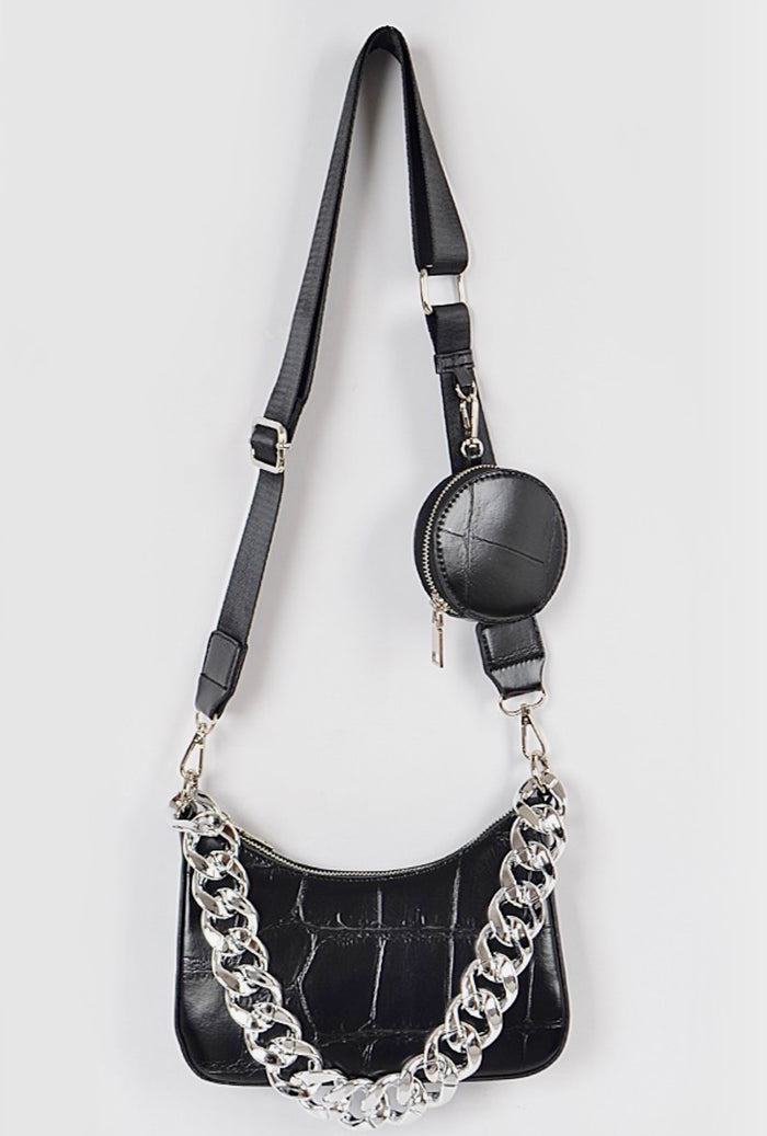 Oversized Chain Handbag W Mini Round Purse Blk/Silver