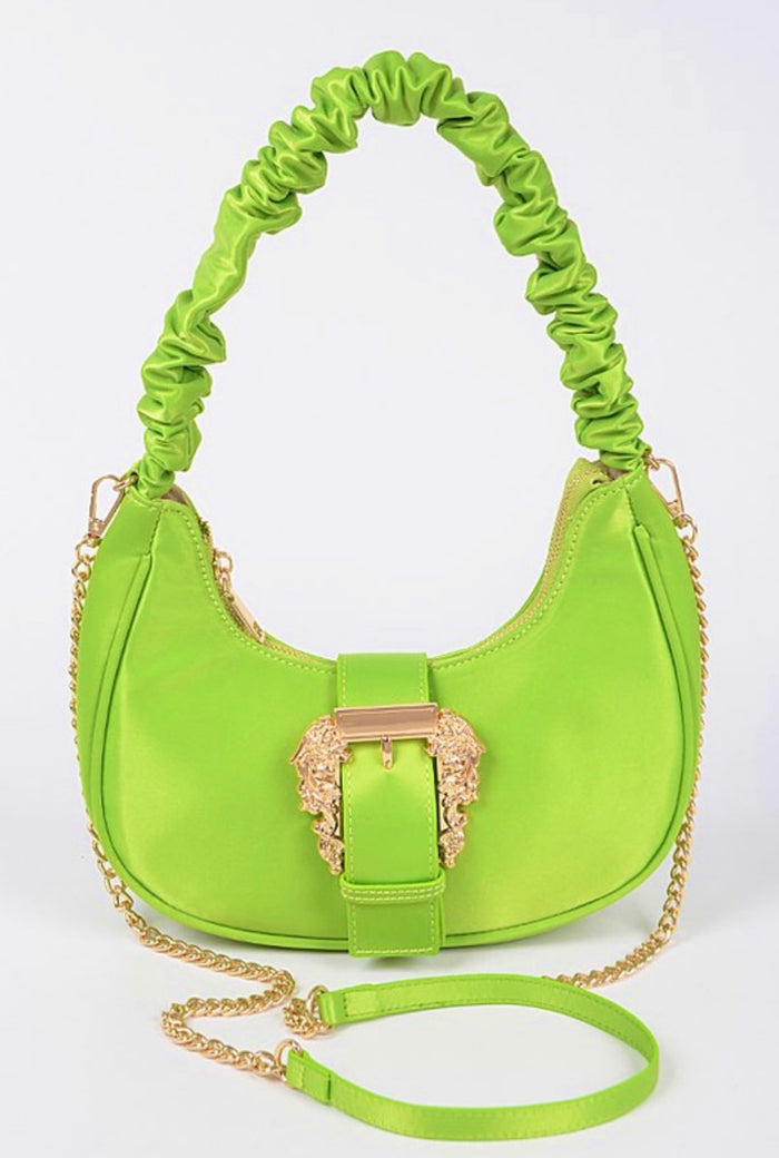 Scrunchie Belt Buckle Green Apple Satin Shoulder Bag