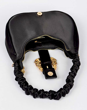 Scrunchie Belt Buckle Black Satin Shoulder Bag