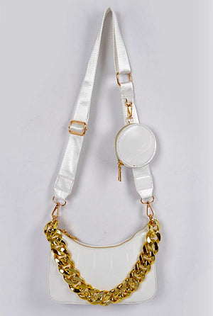 Oversized Chain Handbag with Mini Round Purse White
