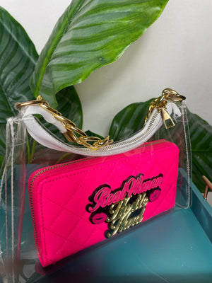 Clear Gold Chain Bag With Neon Pink Wallet