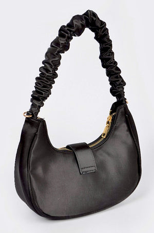 Scrunchie Belt Buckle Black Satin Shoulder Bag