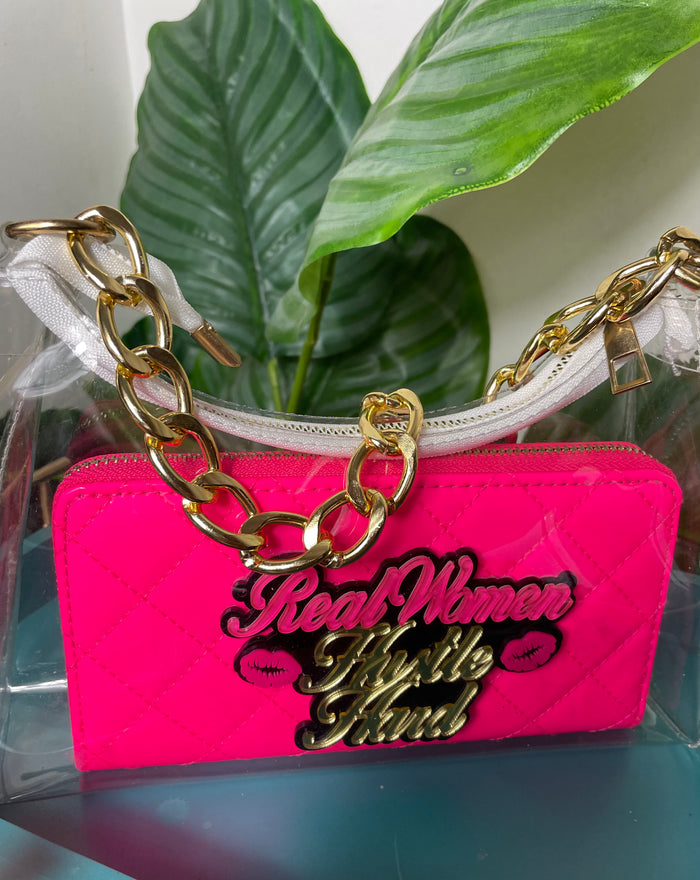 Clear Gold Chain Bag With Neon Pink Wallet