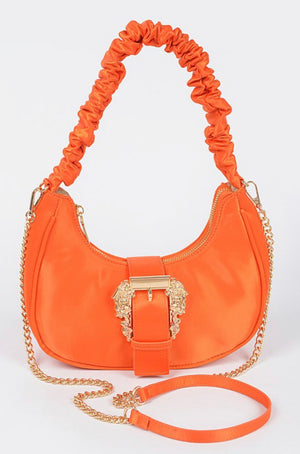 Scrunchie Belt Buckle Orange Satin Shoulder Bag