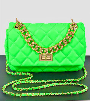 Quilted Neon Green Chain Crossbody Bag