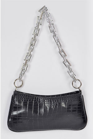 Black Silver Chain Strap Faux Croc Shoulder Bag