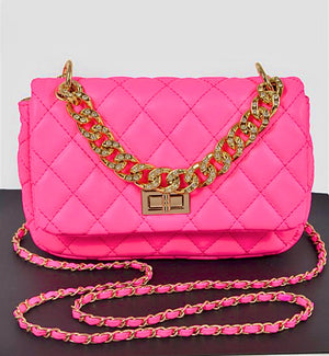 Quilted Neon Pink Chain Crossbody Bag