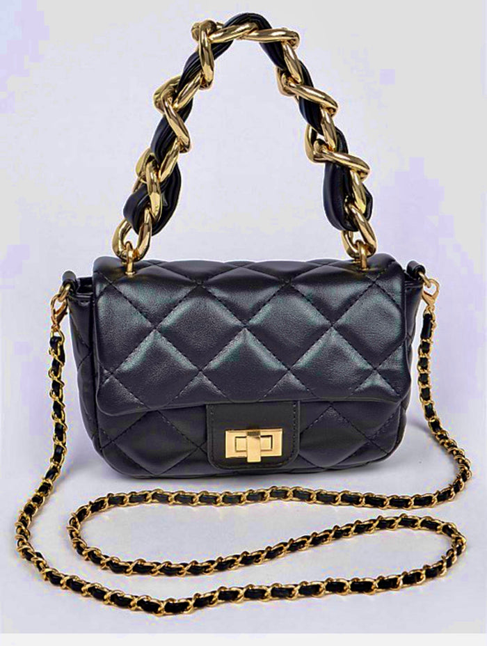 Quilted Black Faux Leather Chain Flap Bag