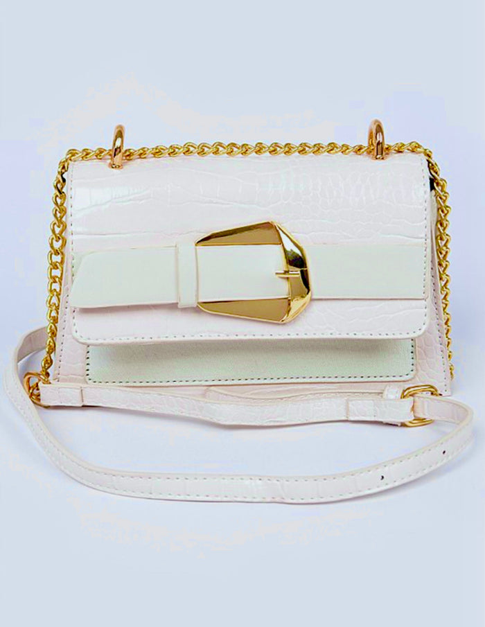 Metal Buckle Faux Leather White Crossbody Bag