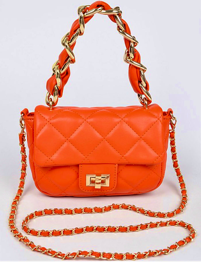 Quilted Orange Faux Leather Chain Flap Bag