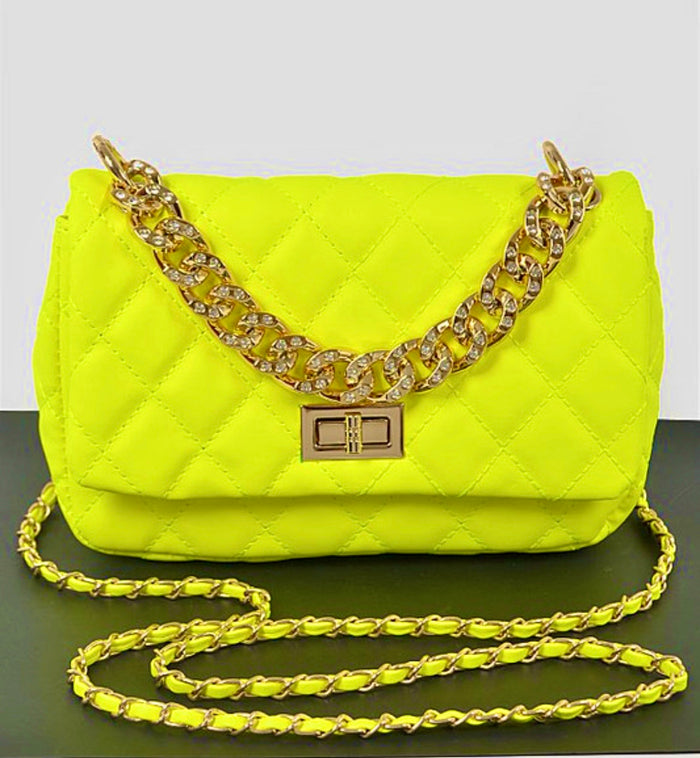 Quilted Neon Yellow Chain Crossbody Bag