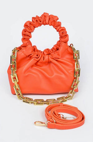 Orange Faux Leather Pleated Chain Bag